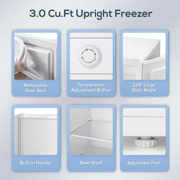 Auseo Mini Freezer Countertop, Energy Saving 3.0 Cu.ft, Single Door Compact Upright Freezer with Reversible Door for Home/Office/Kitchen-White