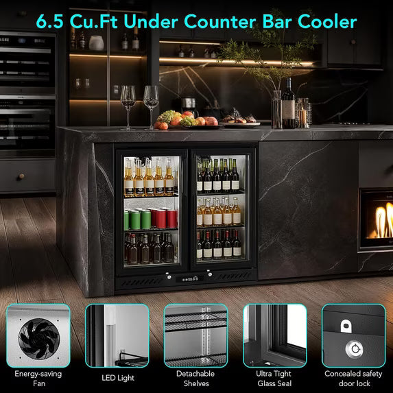 Auseo 6.5 Cu.Ft Wine & Beverage Refrigerator,2-Door Drink Cooler with LED Light,32-50°F,Display Mini Fridge for Home/Store,35.55"D,35.31"H,Black