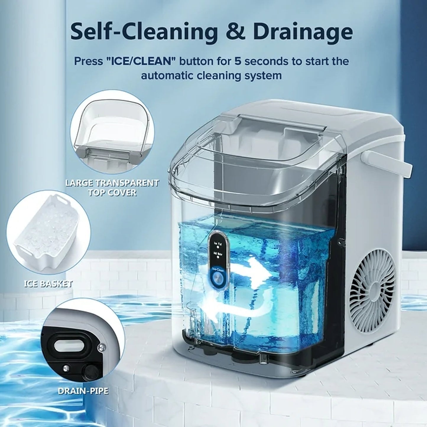 Auseo Nugget Ice Maker Countertop , 35lbs/24H, Self-Cleaning, Ice Basket & Ice Shovel & Handle, for Home/Office/Party, Gray