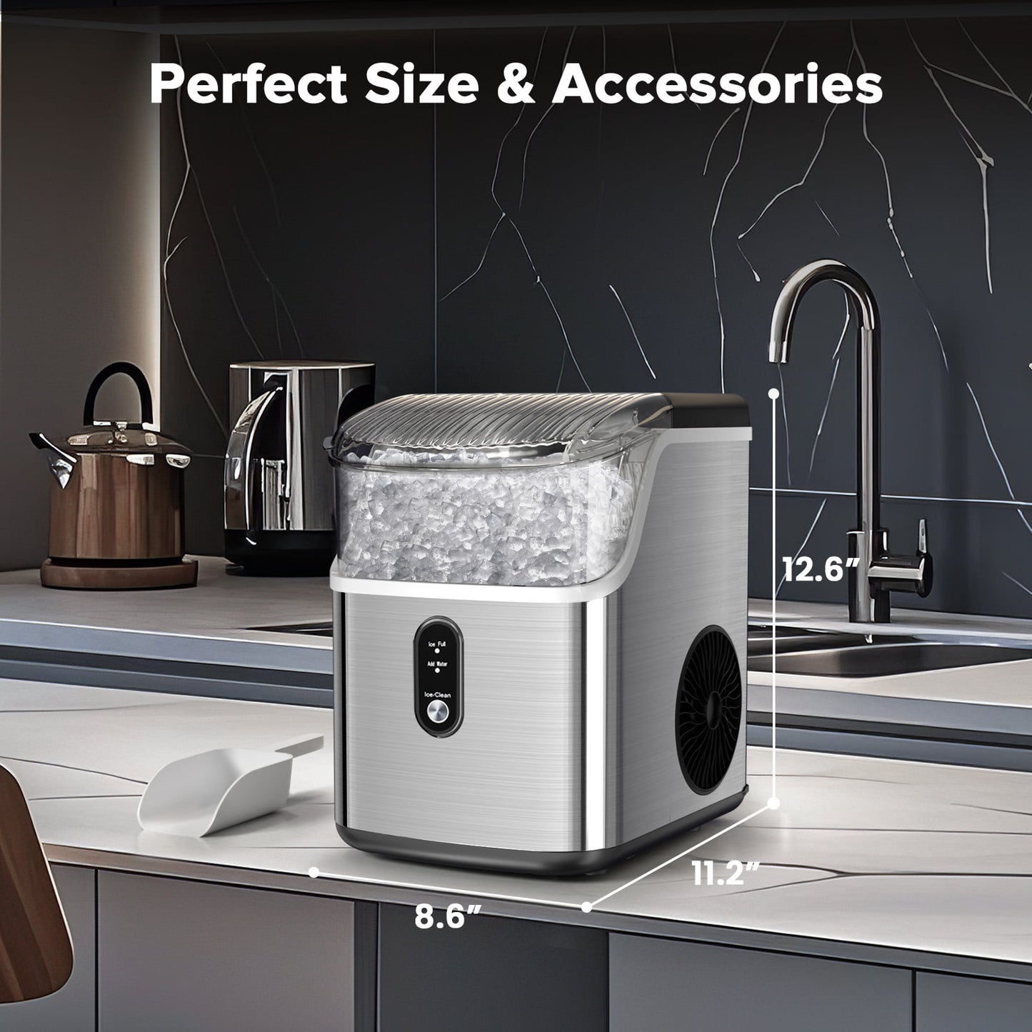 Auseo Nugget Ice Makers Countertop,Portable Ice Machine with Soft Ice , 35lbs/24h,Auto-Cleaning,One-Click Operation for Home Use,Silver