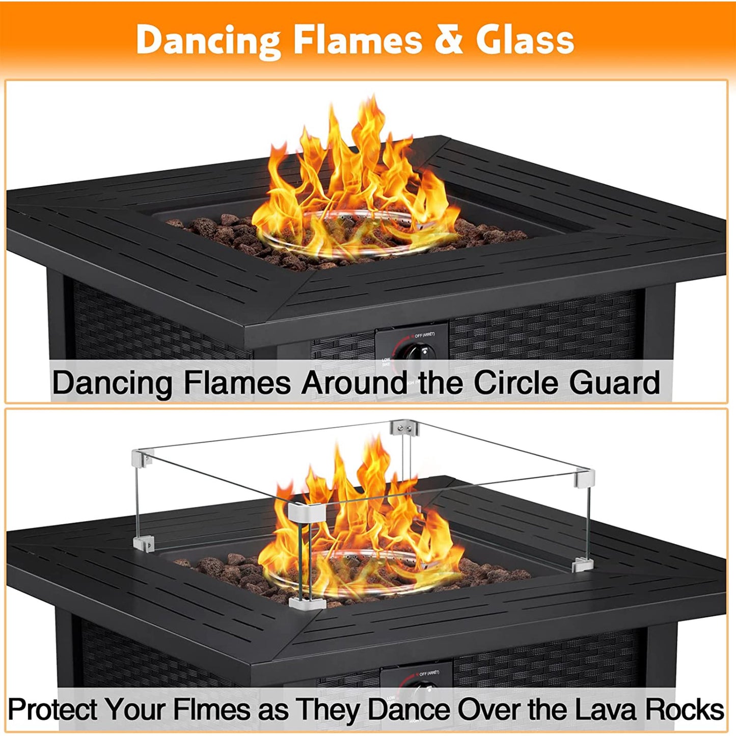 Auseo 33in Square Rattan Fire Pit Table - Propane Fire Pit with Lava Rocks, Glass Wind Guard - Steel Fire Pit Table for Picnic, 50000 BTU