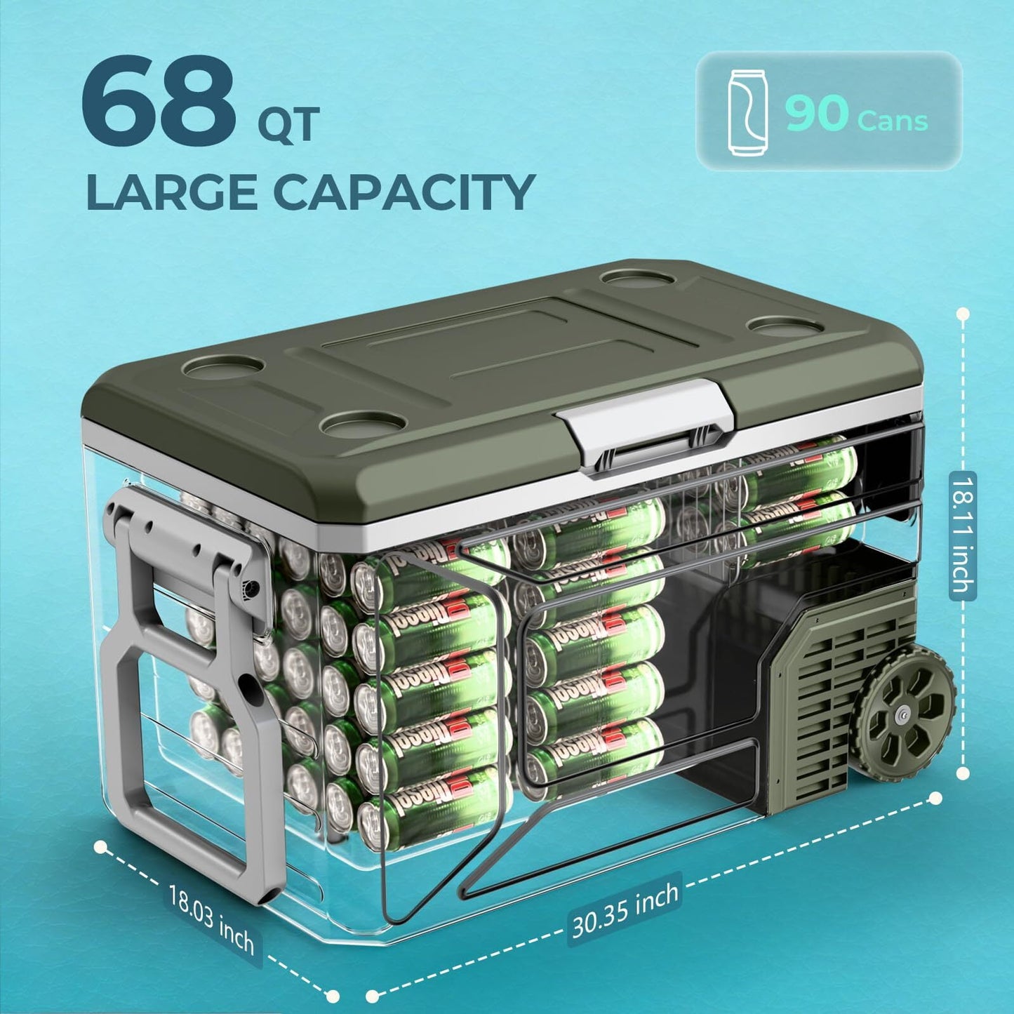 Auseo 68 Quart(64L) Portable Car Refrigerator, -4℉~50℉, 12/24V DC & 110-240V AC, Mini Fridge Freezer for RV Camping, Travel, Truck, Home, Green