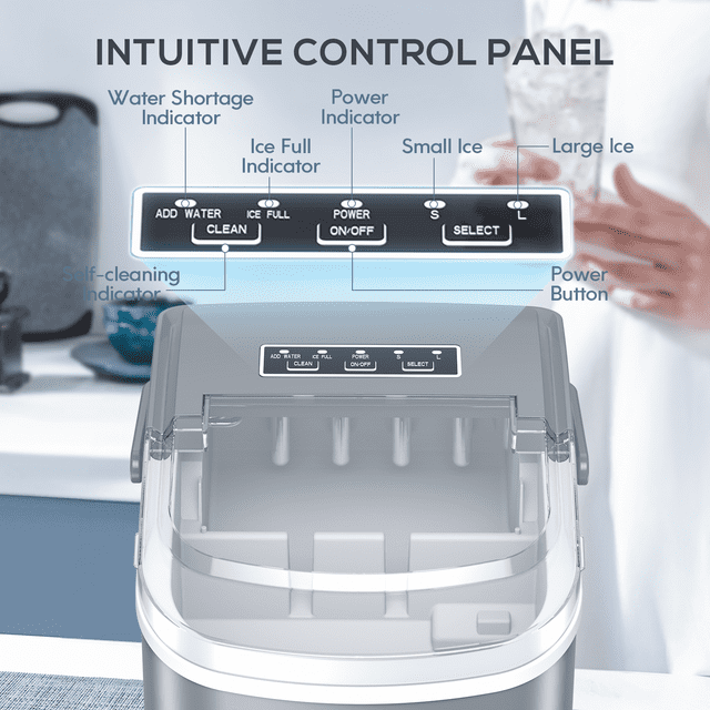Auseo Pro Countertop Ice Maker, 2 Sizes of Bullet Ice, 26.5Lbs/24H, 9 Ice Cubes in 6 Mins, Portable Ice Machine with Self-Cleaning for Home/Party/Travel/Camping (Grey)
