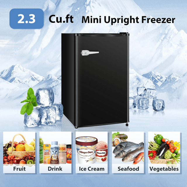 Auseo 2.3 Cu.ft Single Door Mini Freezer, Upright Compact Freezer with Retro Handle & Removable Shelf & Adjustable Temperature Control, Low Noise for Home/Office/Dorm/Apt-Black