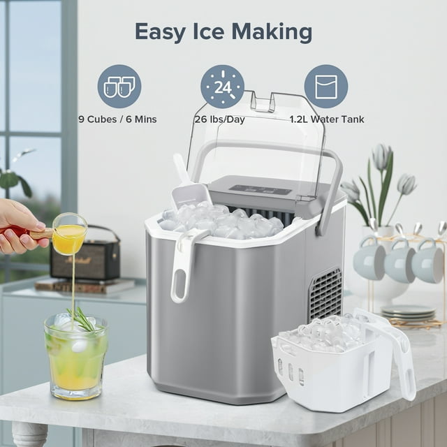 Auseo Countertop Ice Maker, Self-cleaning Portable Ice Maker Machine with Handle and Ice Scoop, Bullet Ice Cubes, 9Pcs/8Min 26Lbs/24H for Home/Office/Bar/Party (Grey)