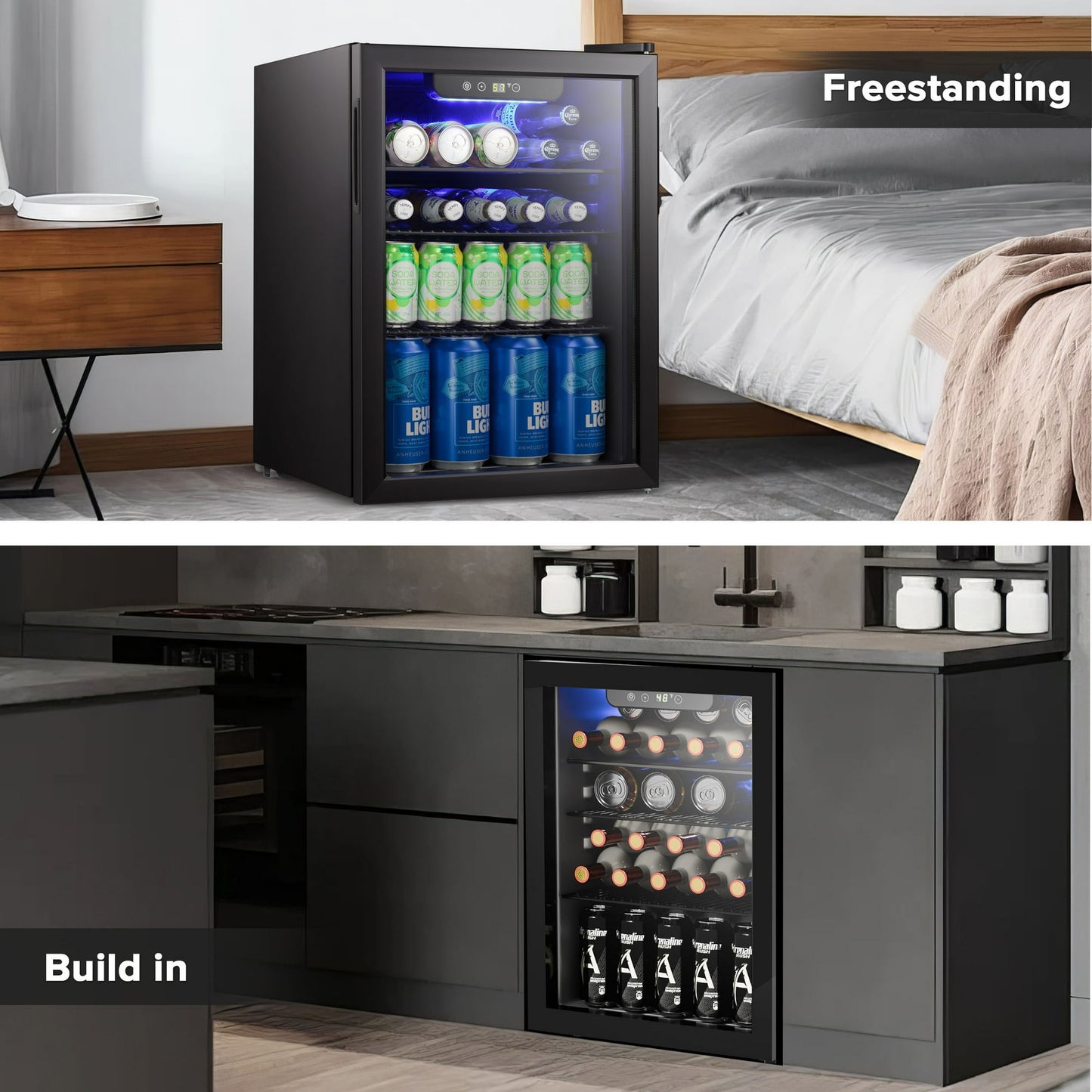 100-Can Beverage Refrigerator with Double Glass Door, Energy Efficient Wine Cooler Mini Fridge, Air Cooled Frost Free for Home/Office/Bar