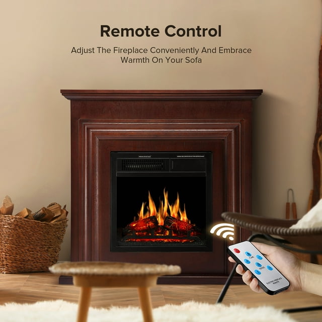 Auseo Electric Fireplace Mantel Wooden Surround Firebox, Free Standing Fireplace, with Remote Control, Adjustable LED Flame, 750W/1500W -（Brown）