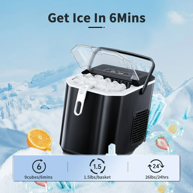 Auseo Ice Makers Countertop, Ice Machine with Handle, 26Lbs in 24Hrs, 9 Cubes Ready in 6 Mins, Self-Cleaning Portable Ice Maker, 2 Sizes of Bullet Ice Cubes for Home and Office-Black