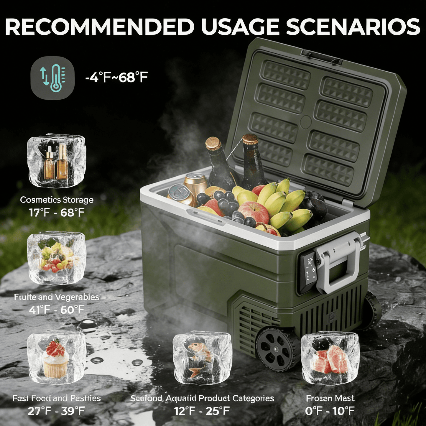 Auseo 68 Quart(64L) Portable Car Refrigerator, -4℉~50℉, 12/24V DC & 110-240V AC, Mini Fridge Freezer for RV Camping, Travel, Truck, Home, Green