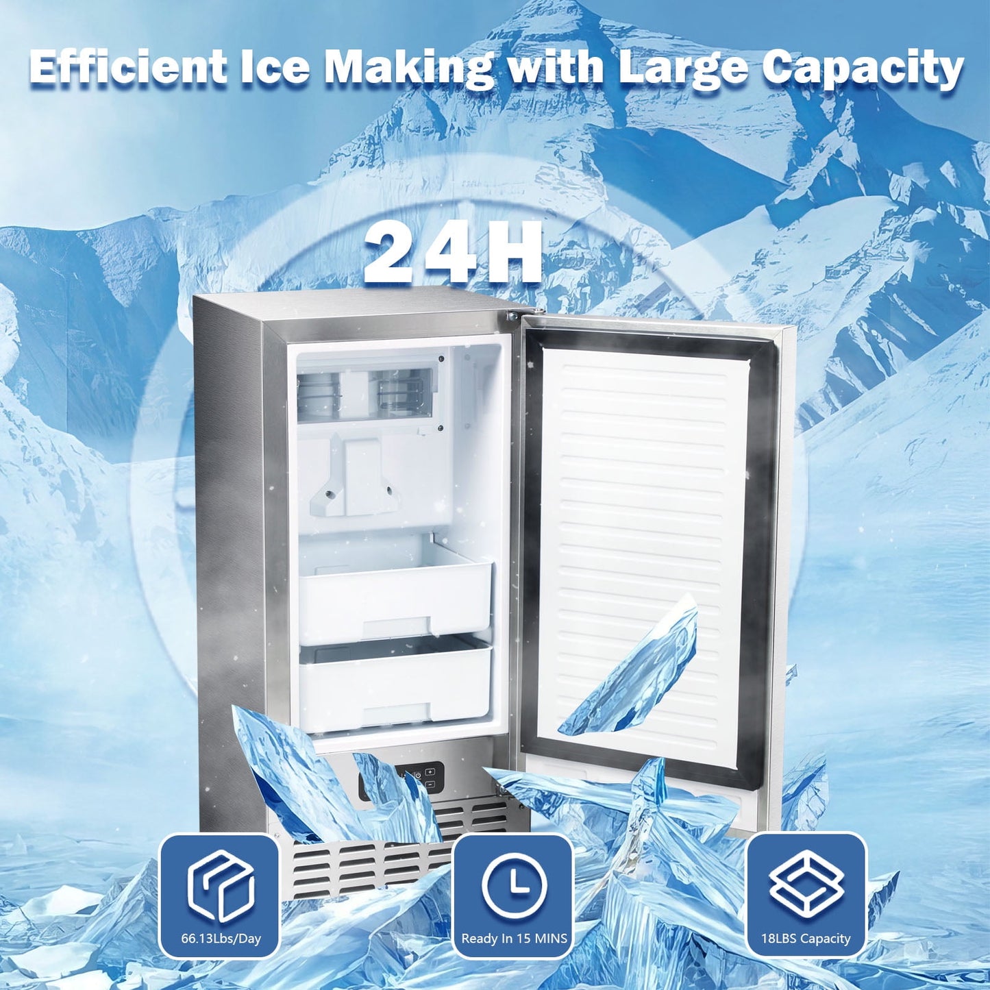 Auseo Commercial Ice Maker, 66 lbs /24 Hours, Self-Cleaning, Suitable for Restaurants/Bars/Homes, Stainless Steel Silver