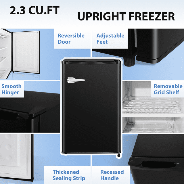 Auseo 2.3 Cu.ft Single Door Mini Freezer, Upright Compact Freezer with Retro Handle & Removable Shelf & Adjustable Temperature Control, Low Noise for Home/Office/Dorm/Apt-Black