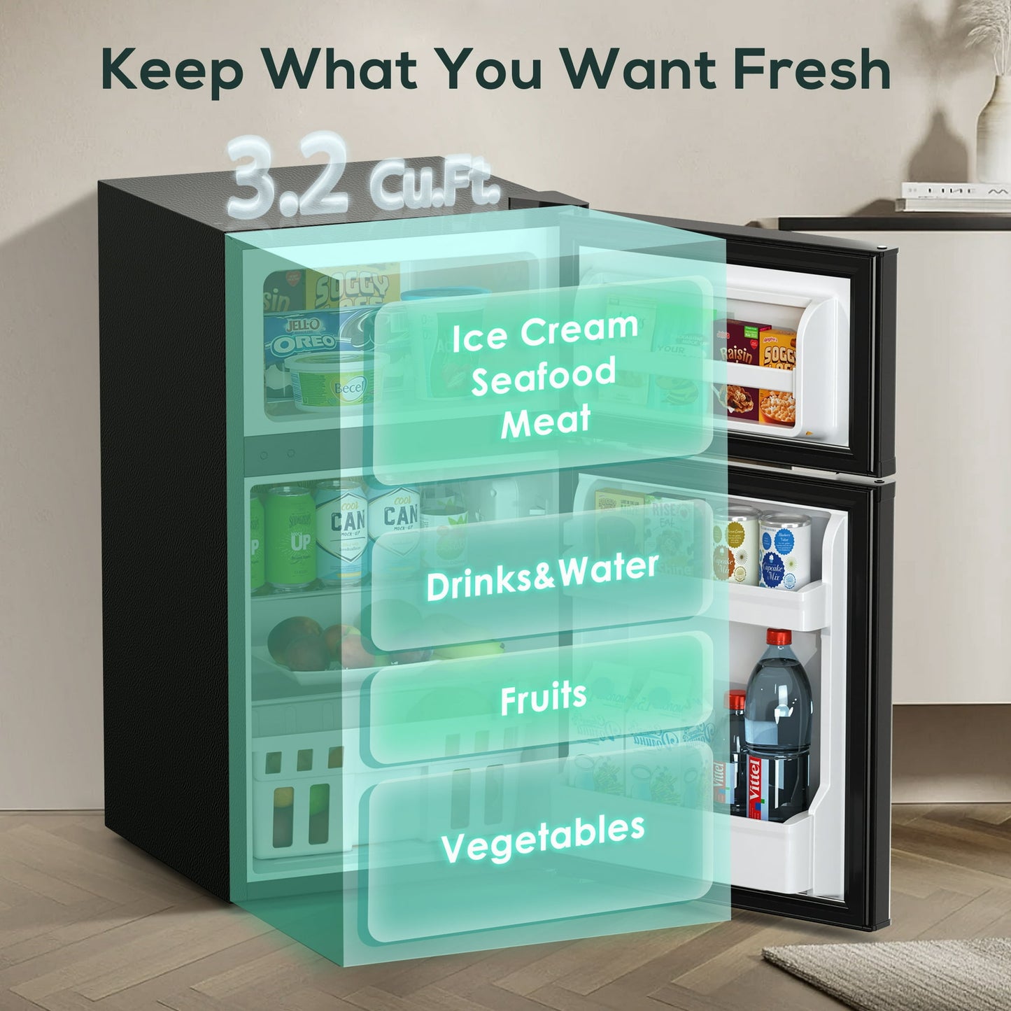 Auseo 3.1 Cu.Ft Double Door Mini Fridge with Freezer, Compact Retro Refrigerator for Dorm, Office, Bar, Bedroom, Black