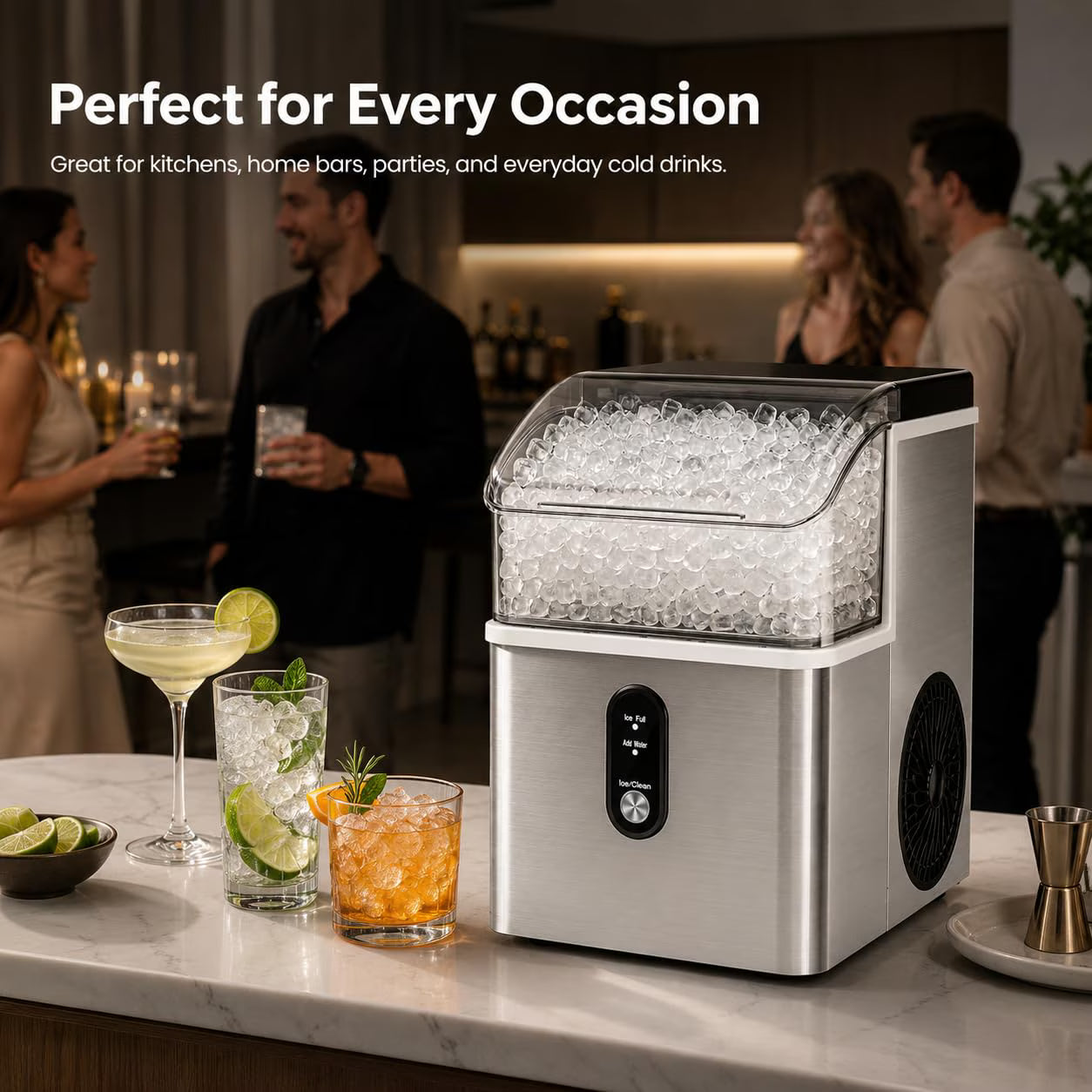 Auseo Nugget Ice Maker Countertop, 35Lbs/24H , 6 Min/Round with Self-Cleaning Stainless Steel Ice Machine，Silver