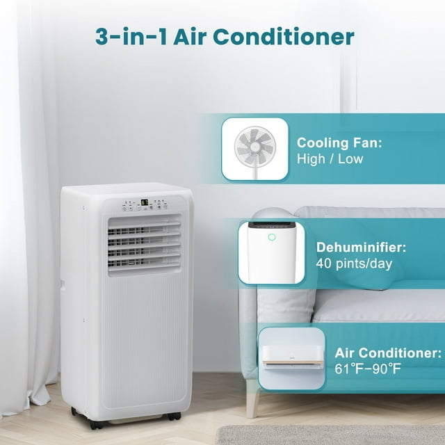 Auseo 8000BTU Portable Air Conditioner, Cooling 250 Square Feet, Dehumidifier/Fan/Cooler, White