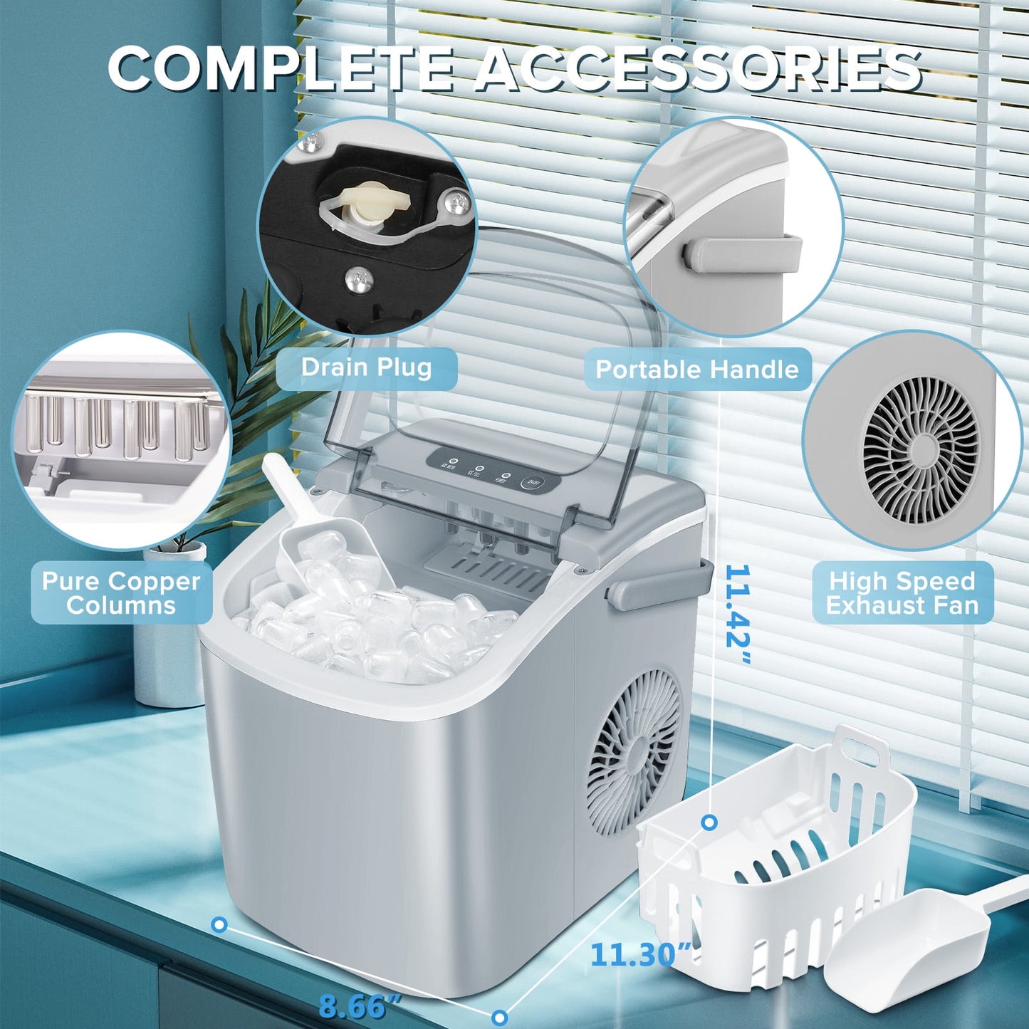 Auseo Countertop Ice Maker 26lbs/24H, 9 Bullet Ice Make in 6 Mins, Portable Ice Machine with Self-Cleaning, Gray