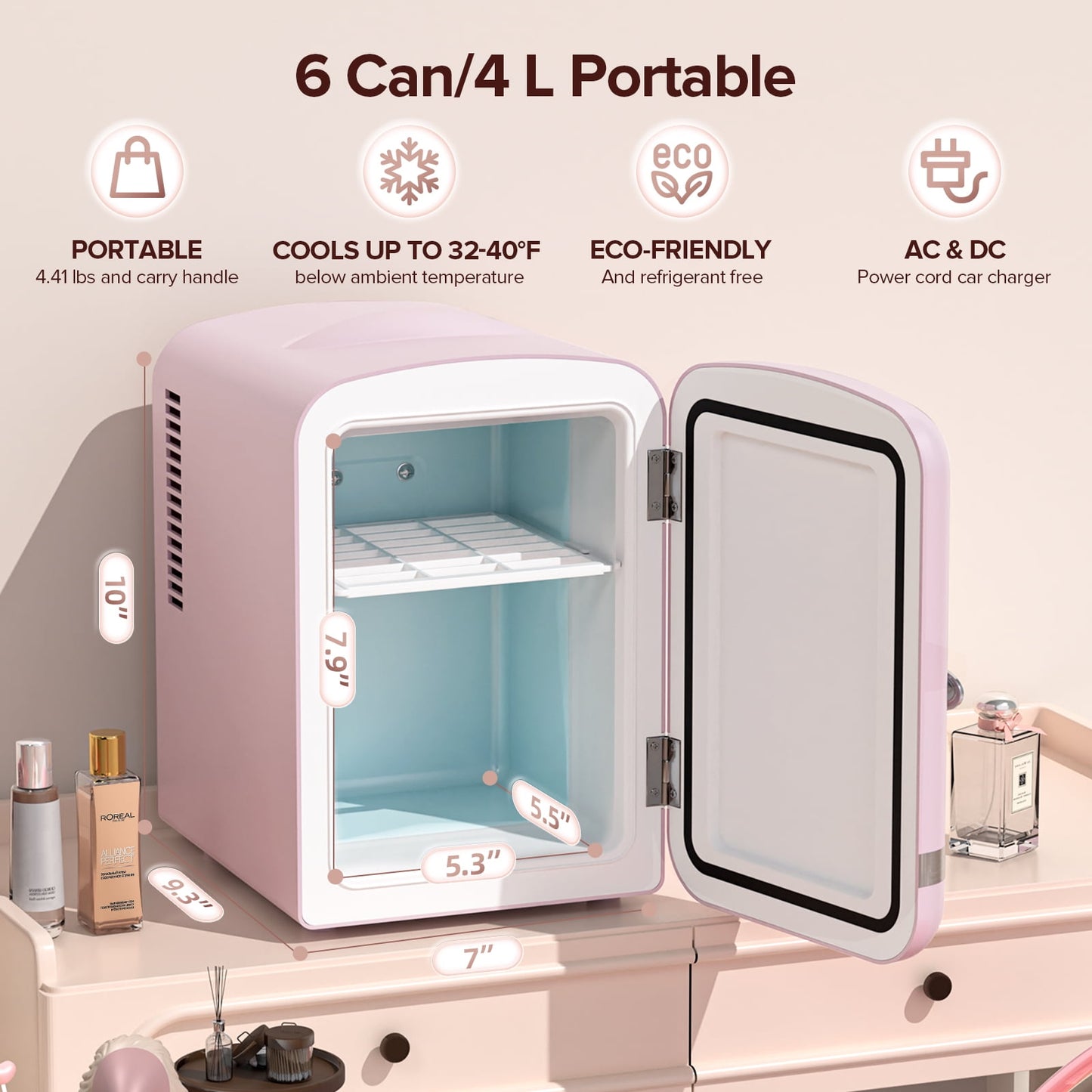 Auseo Mini Fridge Personal Beauty Refrigerator, 4 Liter, Includes Plugs for Home Outlet & DC Charger, Dorm, Bedroom, Table Top Beverage Cooler for Drinks, Soda, Wine - Pink