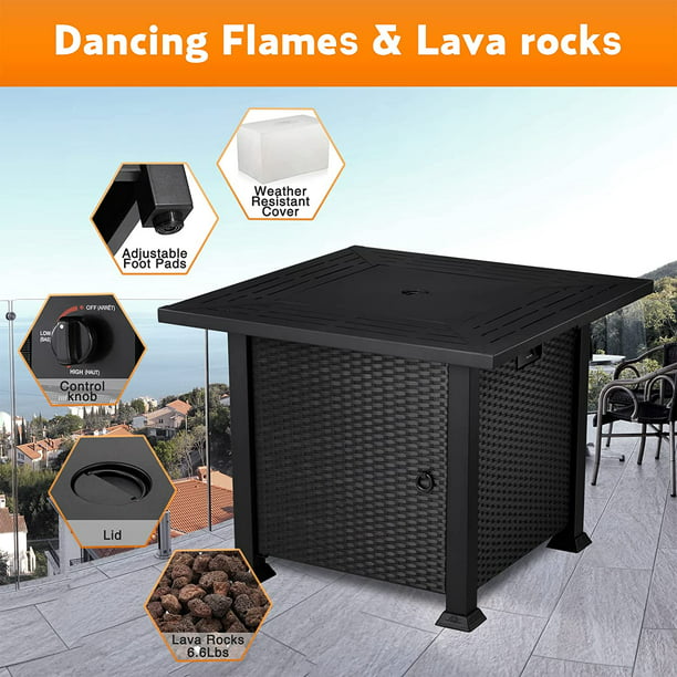 Auseo Rattan Fire Pit Table 32in Square Metal Firepits- Propane Fire Pit Table with Lava Rocks, Glass Wind Guard Steel Fire Pit Table for Picnic, 50000 BTU