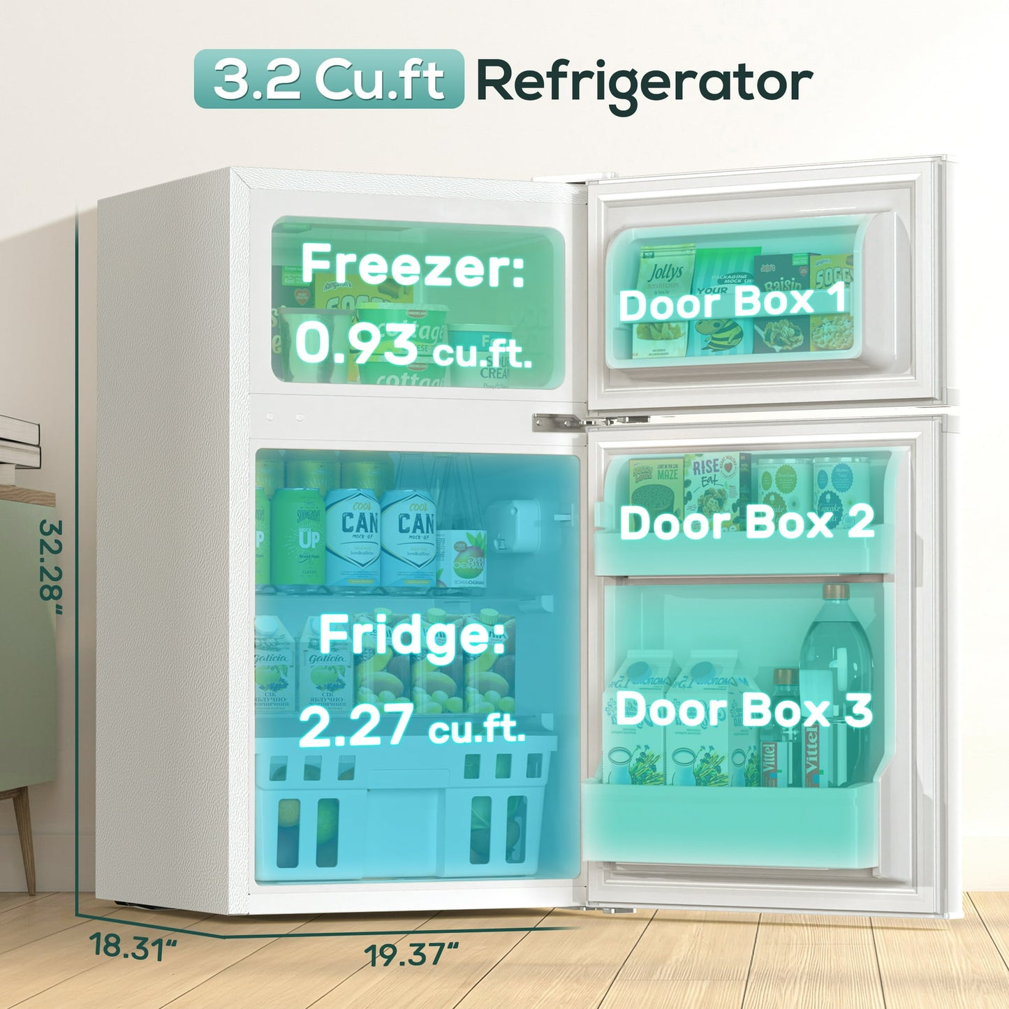 Auseo 2 Door 3.2 Cu.Ft Mini Fridge Adjustable Temperature Refrigerators with Removable Shelves, Suitable for Home/Kitchen/Office/Dorm, White