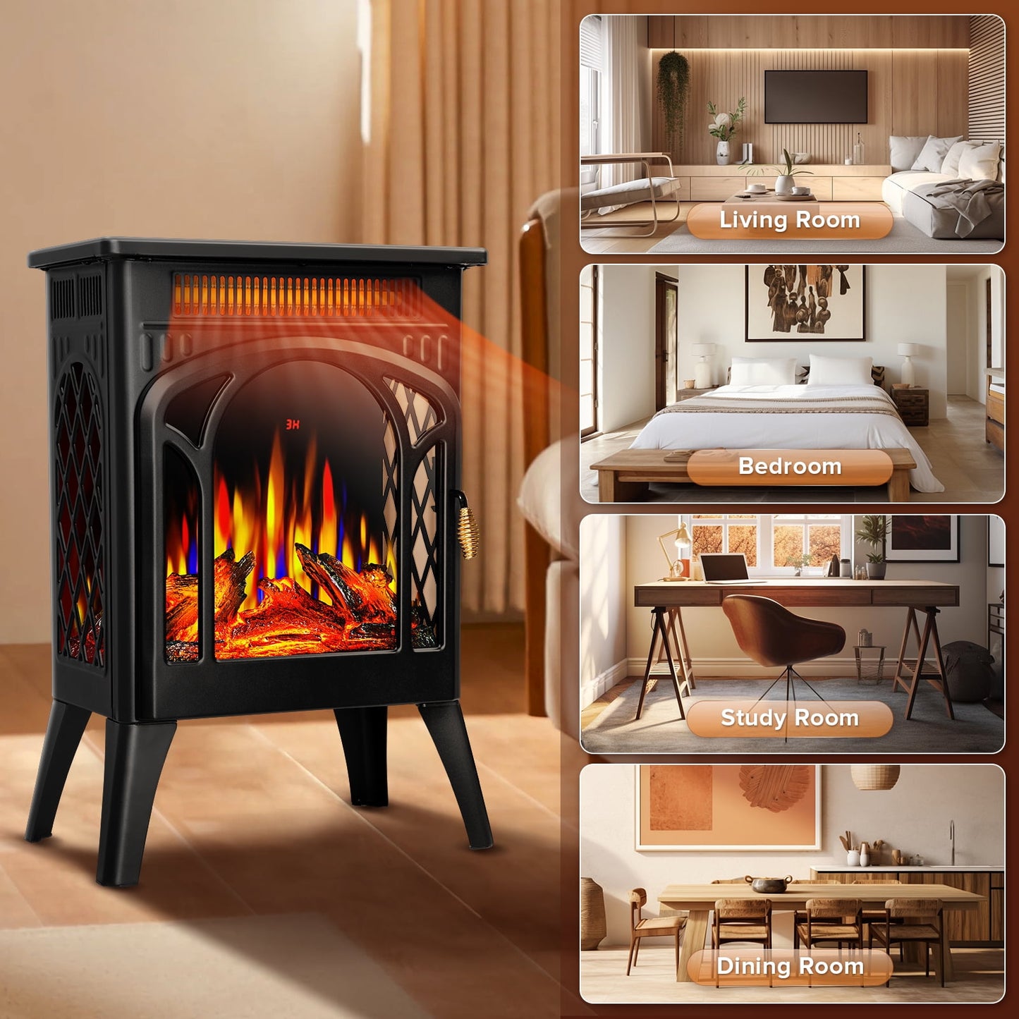 Auseo Electric Fireplace Heater 16", All-metal Frame Freestanding Stove, 3D Flame, Remote Control, 500W/1500W, Black