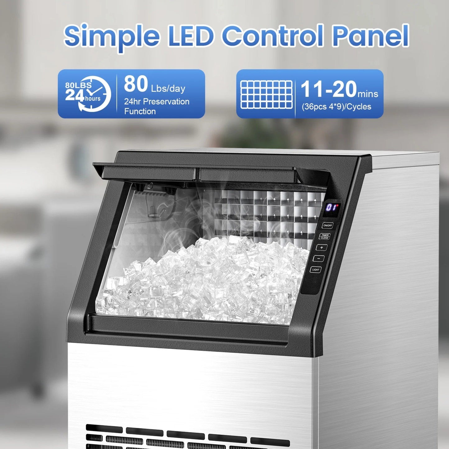 Auseo 80Lbs/24H Commercial Ice Maker Machine With 22Lbs Ice Storage Capacity, Compact Freestanding Under Counter Self Cleaning Stainless Steel Ice Machine for Home/Bar/Restaurant