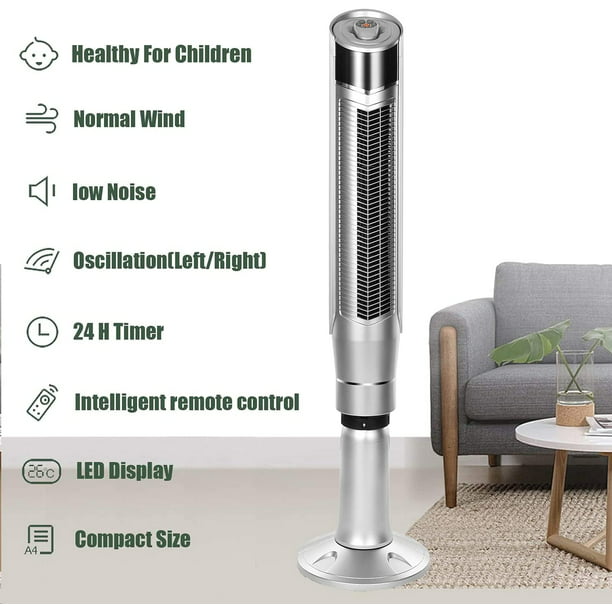 Auseo Tower Fan - 360° Oscillation, Remote, 8 Speeds, 3 Modes, Bladeless - LED Display - 59" (Silver)