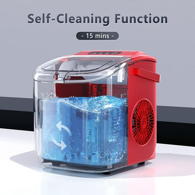 Auseo Countertop Ice Maker Portable Ice Machine, Basket Handle,Self-Cleaning Ice Makers, 26Lbs/24H, 9 Ice Cubes Ready in 6 Mins, S/L ice, for Home Kitchen Bar Party (Red)