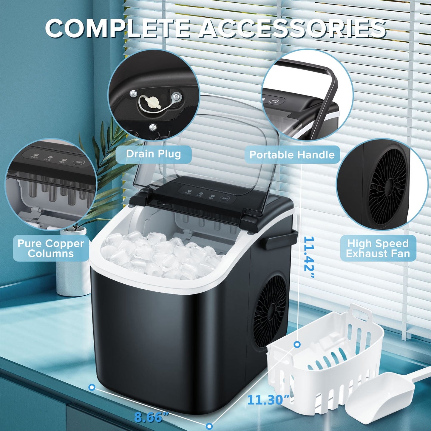 Auseo Countertop Ice Maker 26lbs/24H, 9 Bullet Ice Make in 6 Mins, Portable Ice Machine with Self-Cleaning, Black
