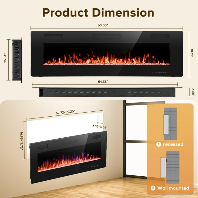 Auseo 60 inch Embedded Wall Mounted Indoor Fireplace, Ultra-thin Low Noise Lightweight LED Fireplace Heater, Touch Screen, Timer, 1500W, Adjustable Flame Color and Speed, Black