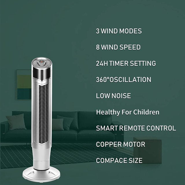 Auseo Tower Fan, Standing Fan Oscillating, Room Fan, Portable Bladeless, Quiet Floor Fan with Remote, 6 Speeds, 3 Modes, 24H Timer for Bedroom, and Home Office Use, (40-inch, SILVER)