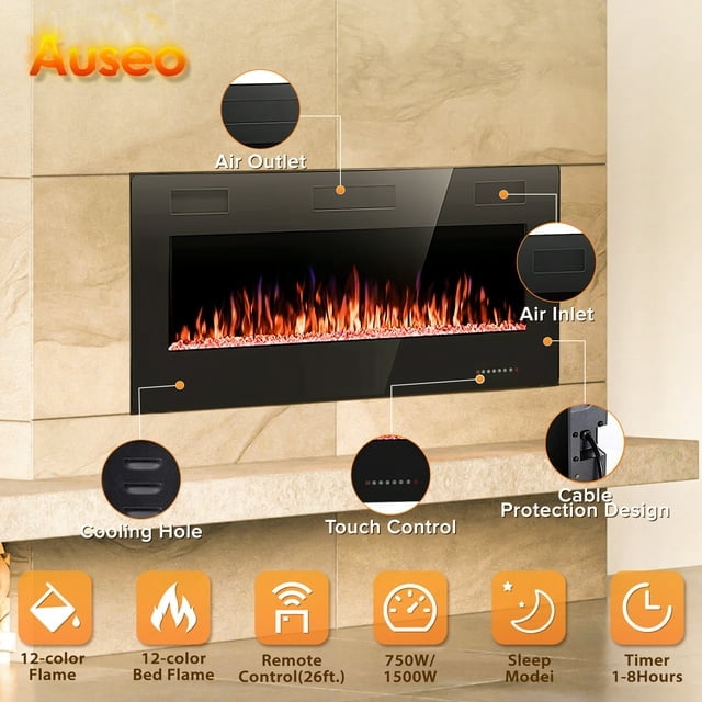 Auseo 36 inch Recessed and Wall Mounted Electric Fireplace, Ultra Thin ad Low Noise, Fit for 2 x 4 and 2 x 6 Stud, Remote Control with Timer, Touch Screen, Adjustable Flame Color and Speed