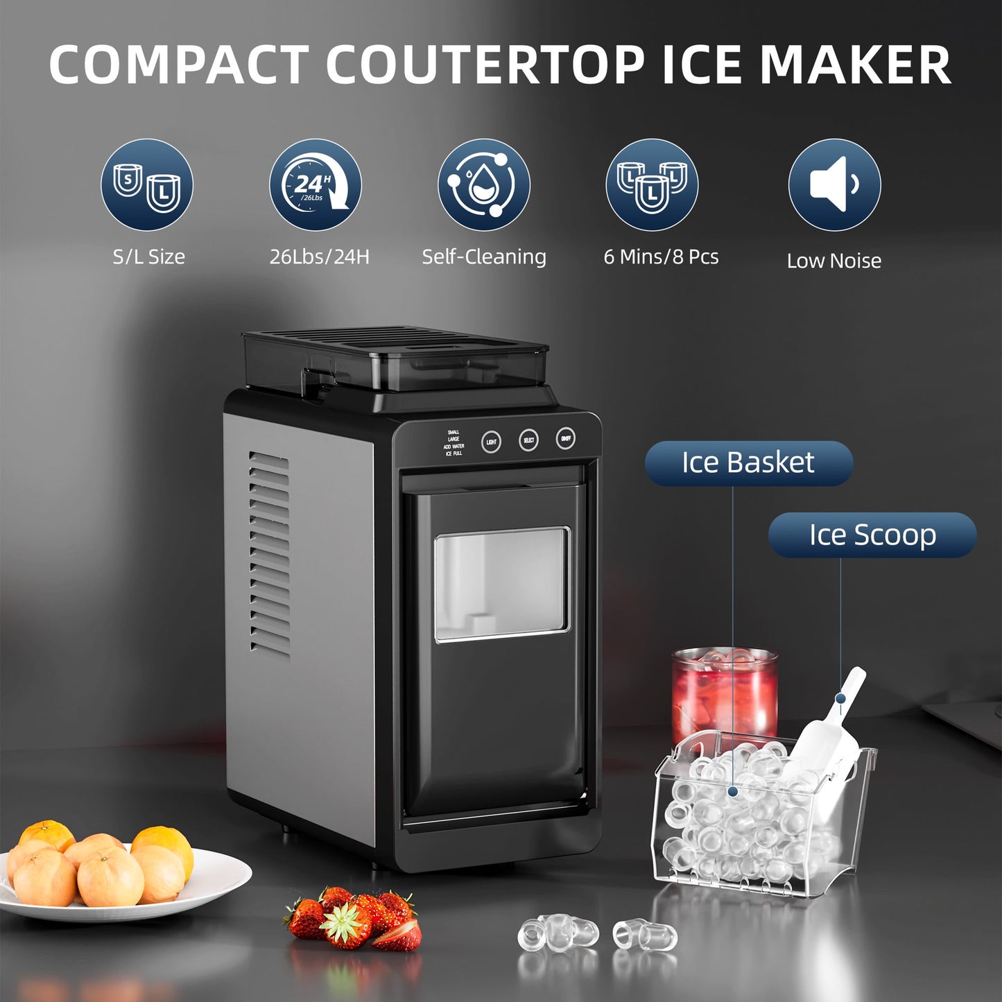 Auseo Countertop Ice Maker Portable, 26 lbs/Day, 8Pcs in 6Mins, Auto-Cleaning, Ice Machine with Ice Scoop, for Home/Office/Party(Black, Water Tank)