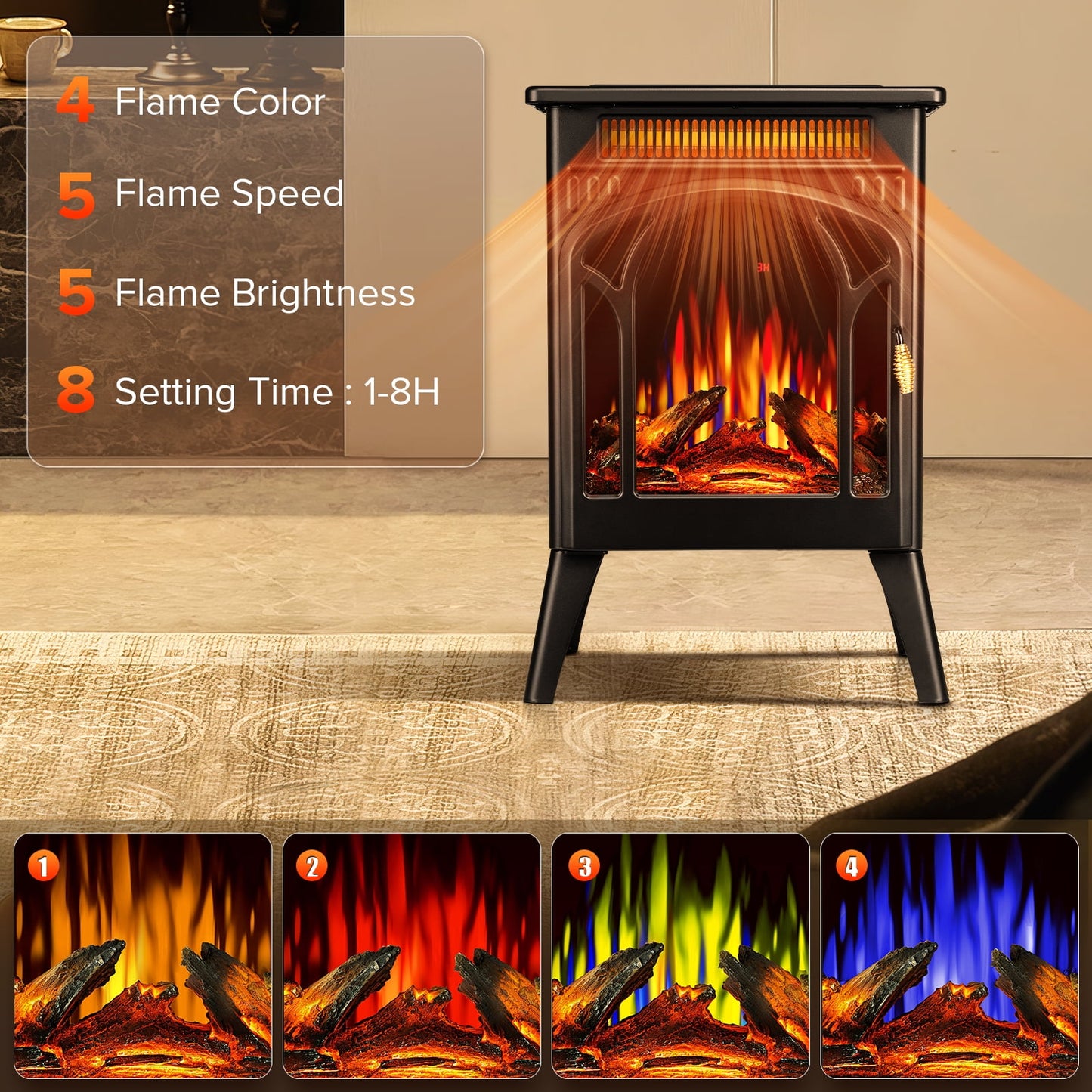 Auseo Electric Fireplace Heater 16" with 3D Realistic Flame Effect, Freestanding Stove, 3D Flame, Remote Control, 500W/1500W, Black