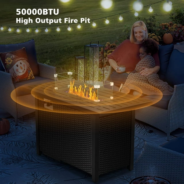 Auseo 44in Wicker Propane Fire Pit Table - Square Metal Firepit with Lava Rocks and Glass Wind Guard for Picnic, 50000 BTU