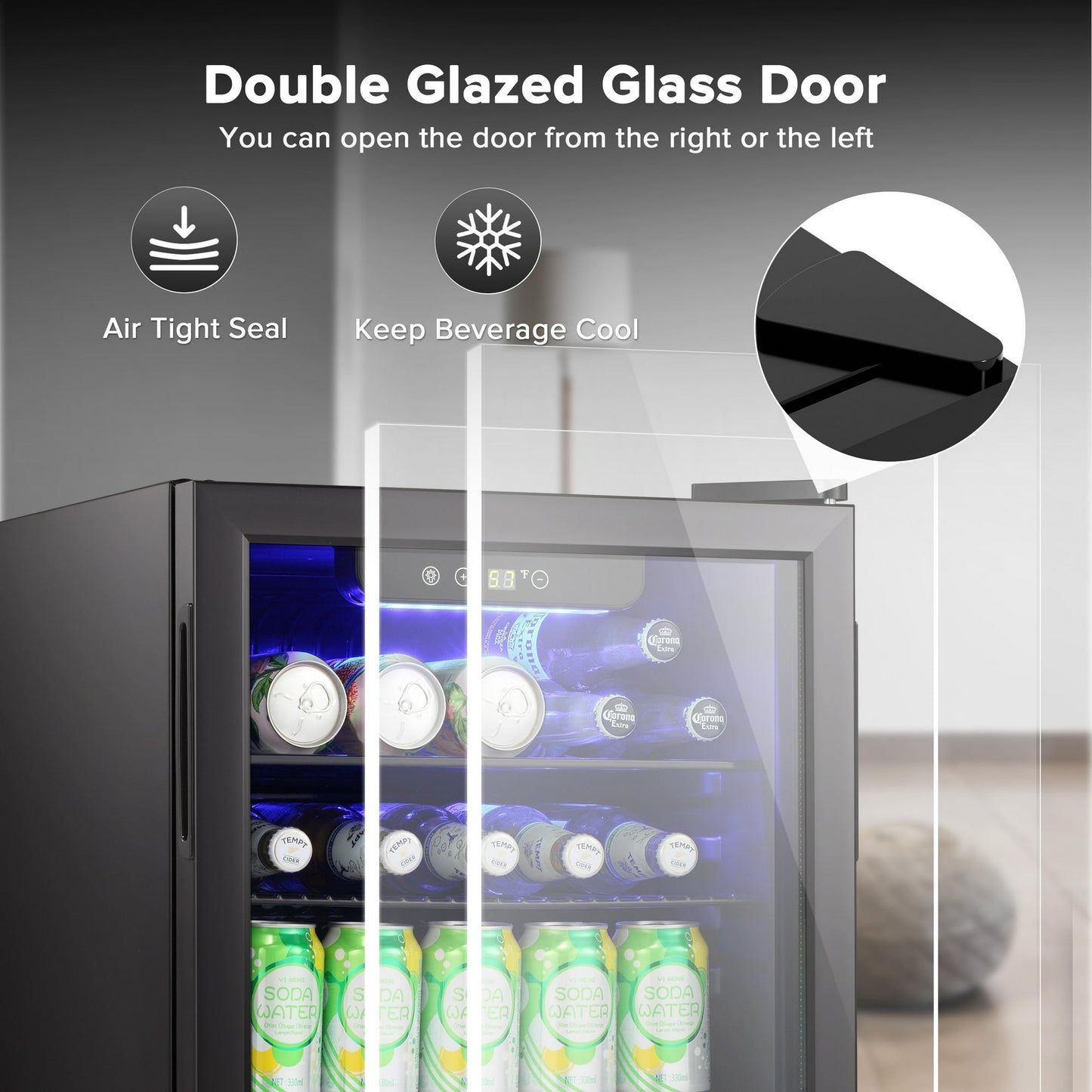 100-Can Beverage Refrigerator with Double Glass Door, Energy Efficient Wine Cooler Mini Fridge, Air Cooled Frost Free for Home/Office/Bar