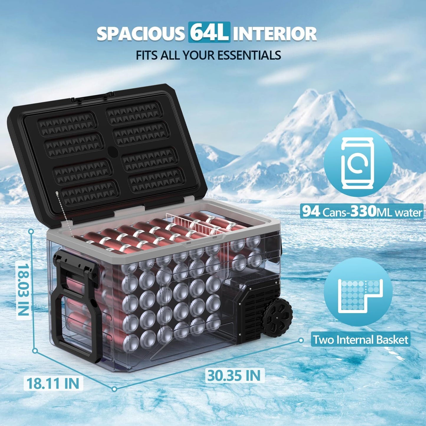 Auseo 68 Quart Portable Car Refrigerator , 12V/24V DC & 110-240V AC, Fast Cooling to -4°F, Energy Efficient Car Fridge Freezer for RV, Camping, Road Trips, Home Use, Black