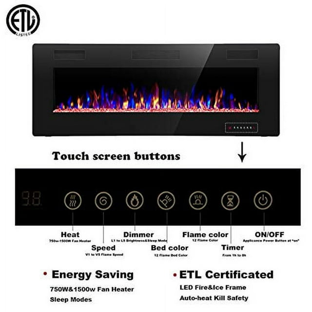 Auseo Electric Fireplace 50 inch Recessed and Wall Mounted,The Thinnest FireplaceLow Noise , Fit for 2 x 4 and 2 x 6 Stud, Remote Control with Timer,Touch Screen,Adjustable Flame Colors and Speed