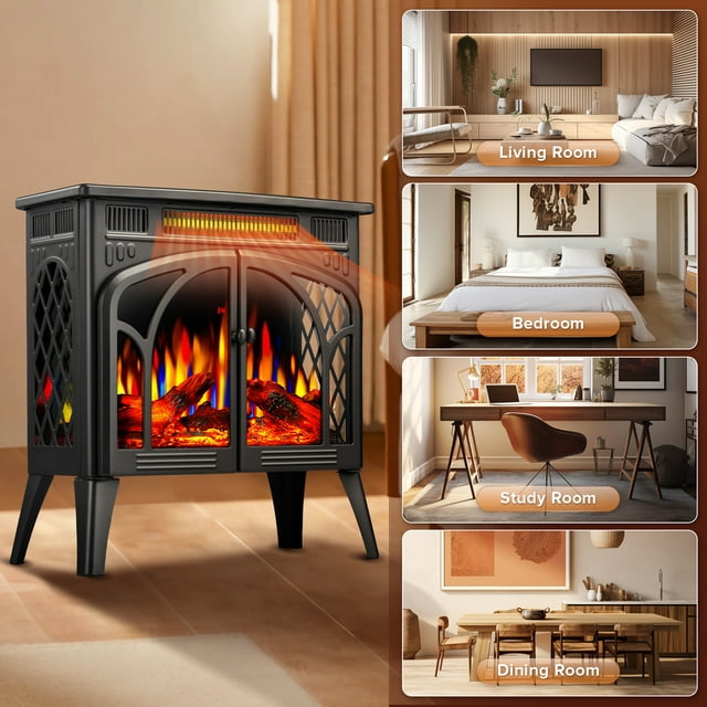 Auseo Electric Fireplace Heater 25", All-metal Frame Freestanding Stove, 3D Flame, Remote Control, 500W/1500W, Black