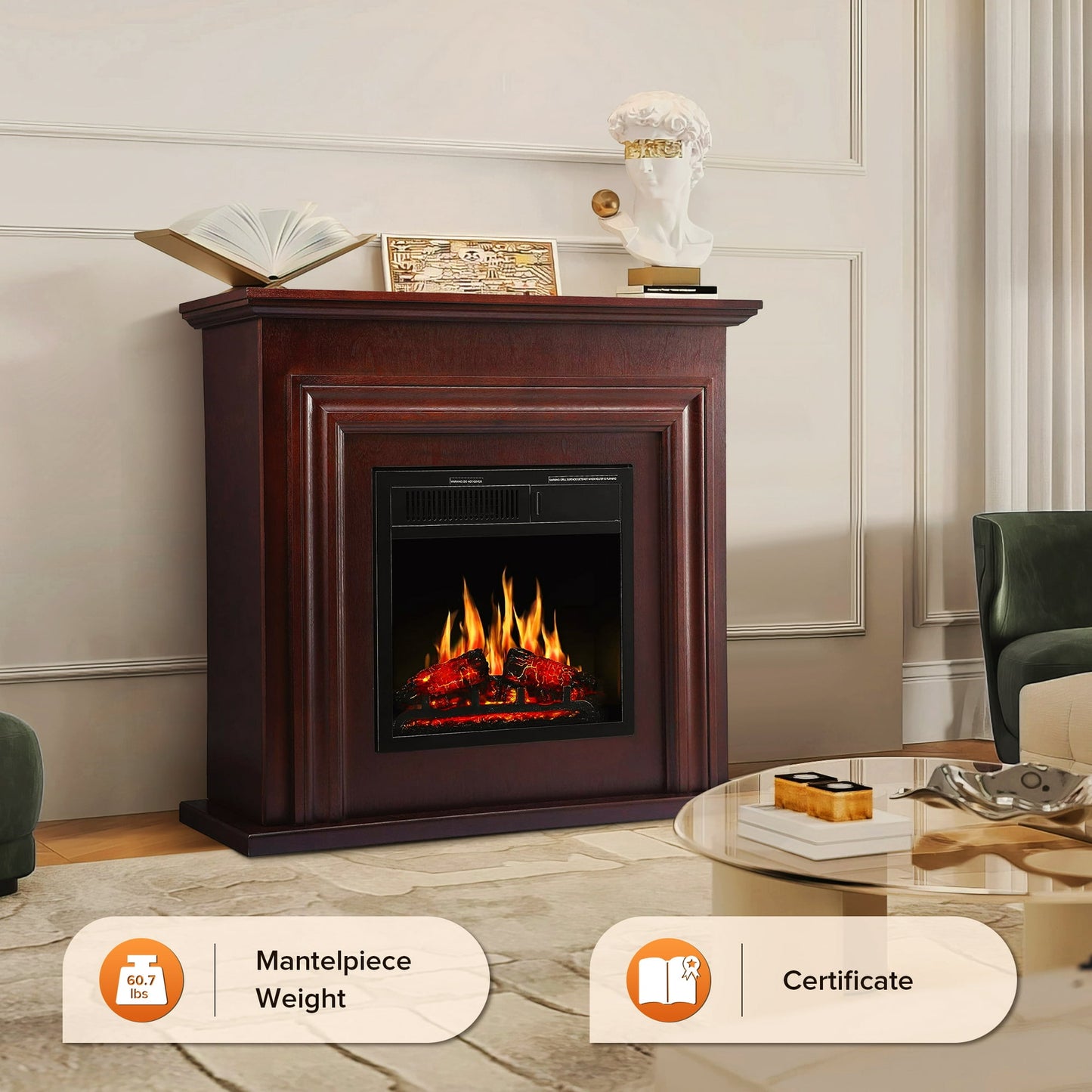 Auseo Electric Fireplace Mantel Wooden Surround Firebox, Free Standing Fireplace, with Remote Control, Adjustable LED Flame, 750W/1500W -（Brown）