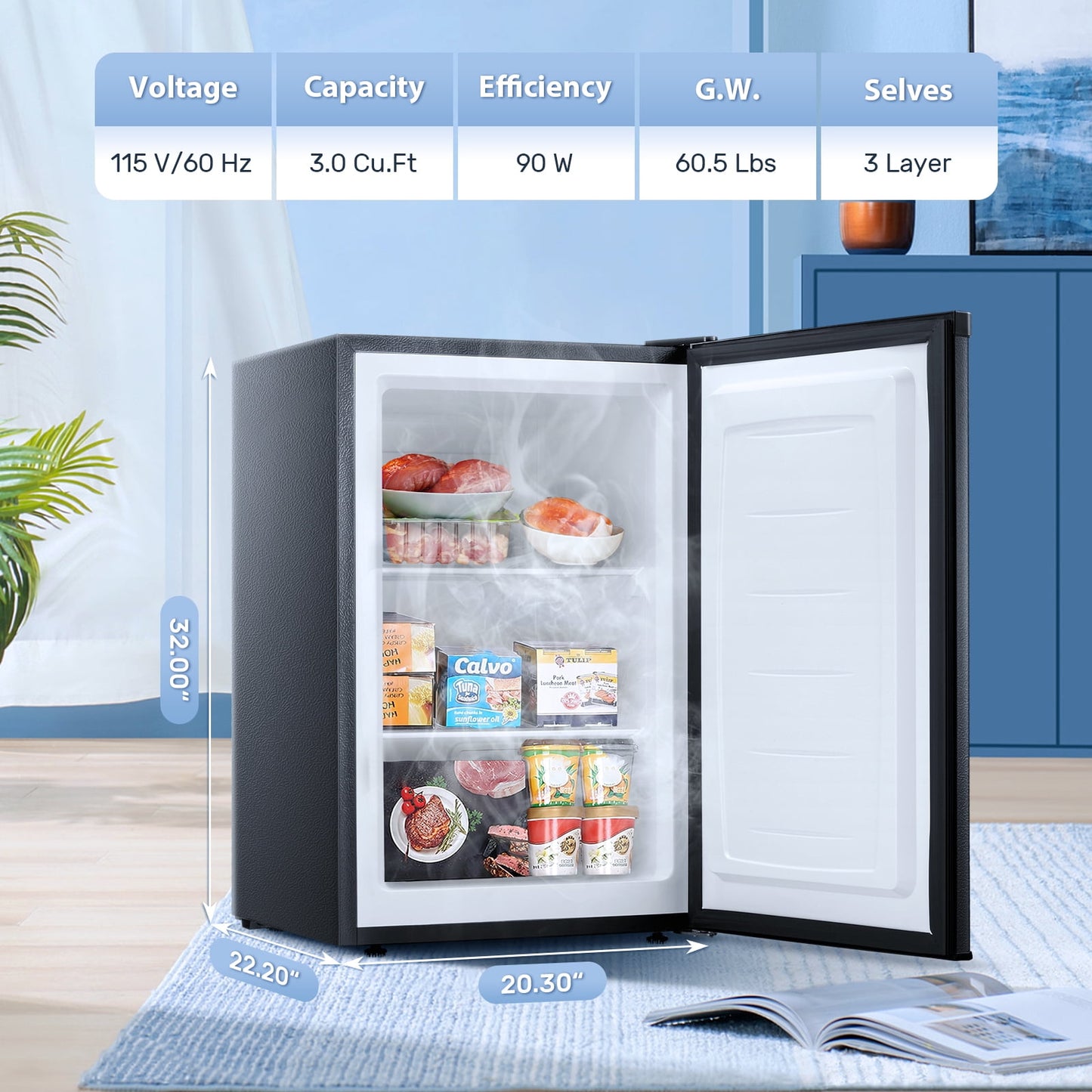 Auseo Mini Freezer Countertop, Energy Saving 3.0 Cu.ft, Single Door Compact Upright Freezer with Reversible Door for Home/Office/Kitchen-Black