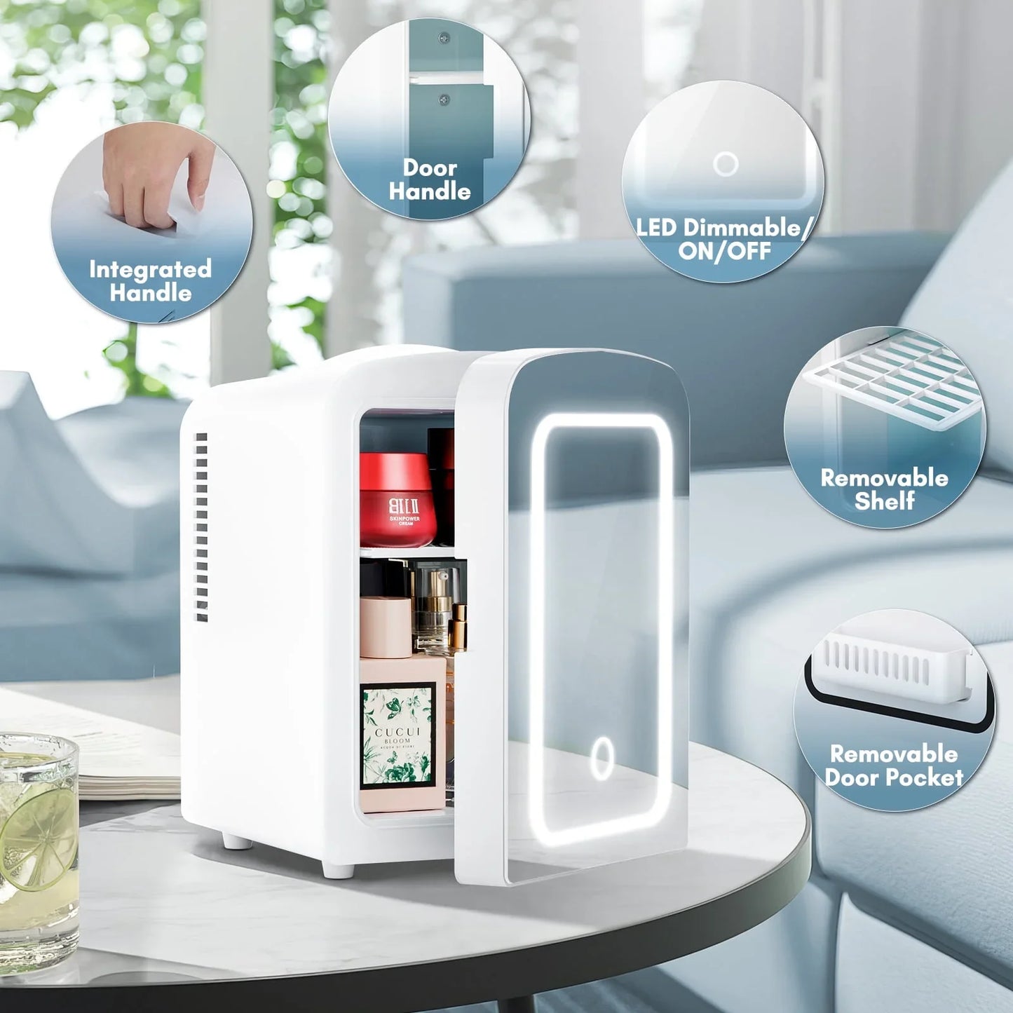 Auseo Mini Personal Fridge Cooler, LED Lighted Mirror, 4L Capacity Portable, Makeup and Skincare - AC/DC Refrigerator, Car, Office Desk & Dorm - Chills 6 Cans, White