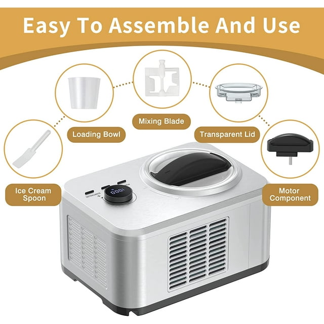 Auseo 1.5qt Compressor Ice Cream Maker - Electric Automatic, Keep Cool Function - No Pre-Freezing Required - Ice Cream, Gelato, Sorbet, Frozen Yogurt - No Salt Needed