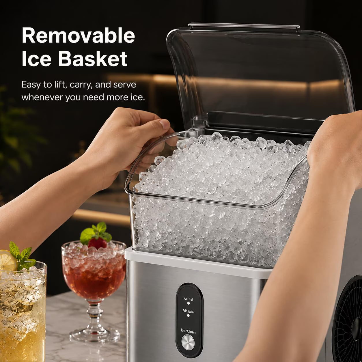 Auseo Nugget Ice Maker Countertop, 35Lbs/24H , 6 Min/Round with Self-Cleaning Stainless Steel Ice Machine，Silver