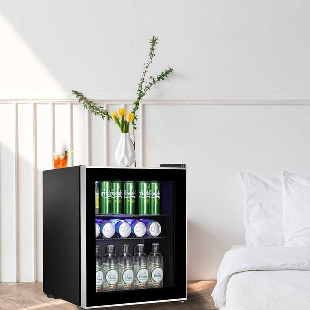 Auseo 1.6cu.ft Wine Cooler Cabinet Beverage Refrigerator Mini Clear Front Glass Door Counter Bar Fridge-Black