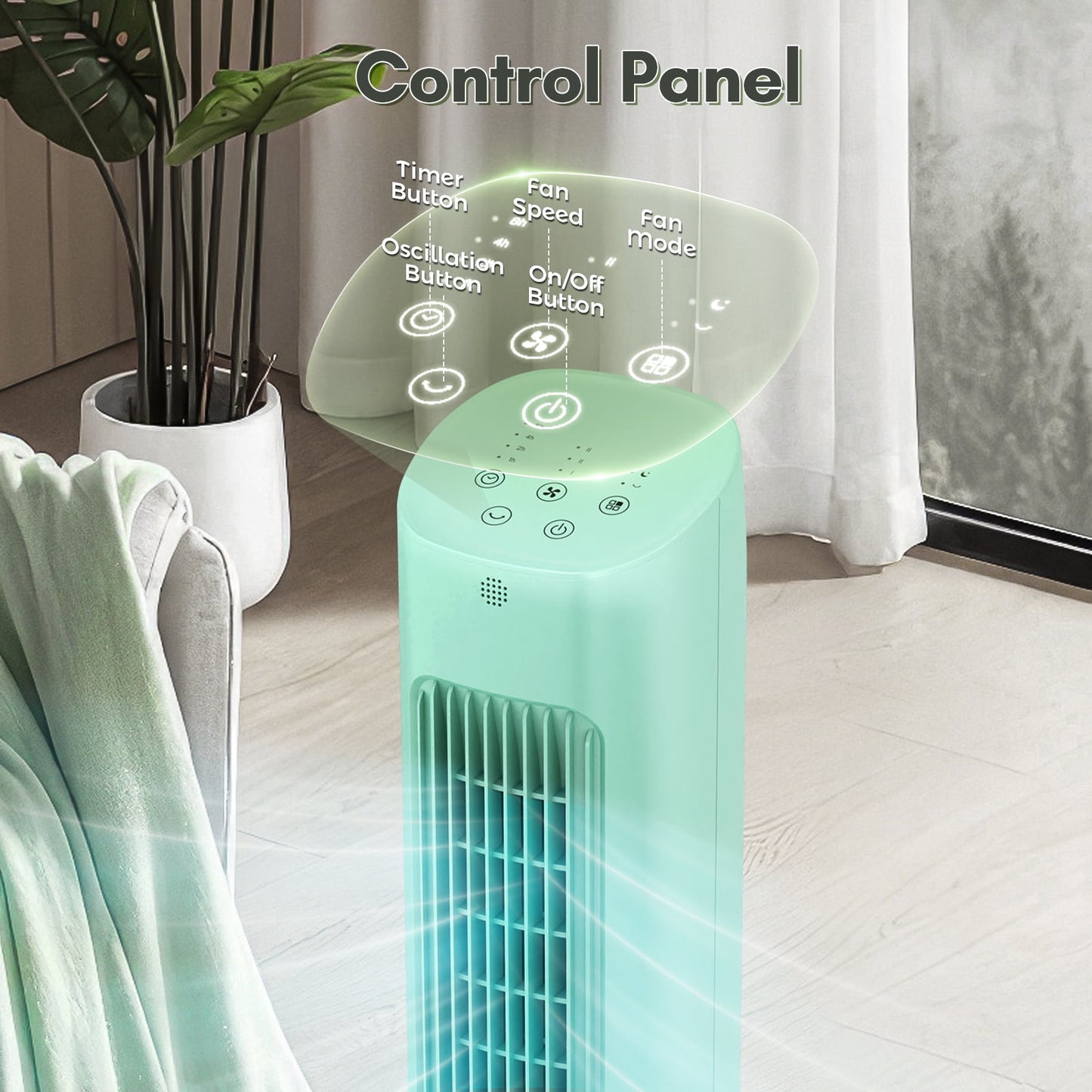 Auseo 30" Portable Tower Fan for Bedroom, 360° Oscillating Fans with 8 Speeds, 24H Timer, Normal/Natural/Sleep 3 Fan Modes, Freestanding Tower Fans, Green