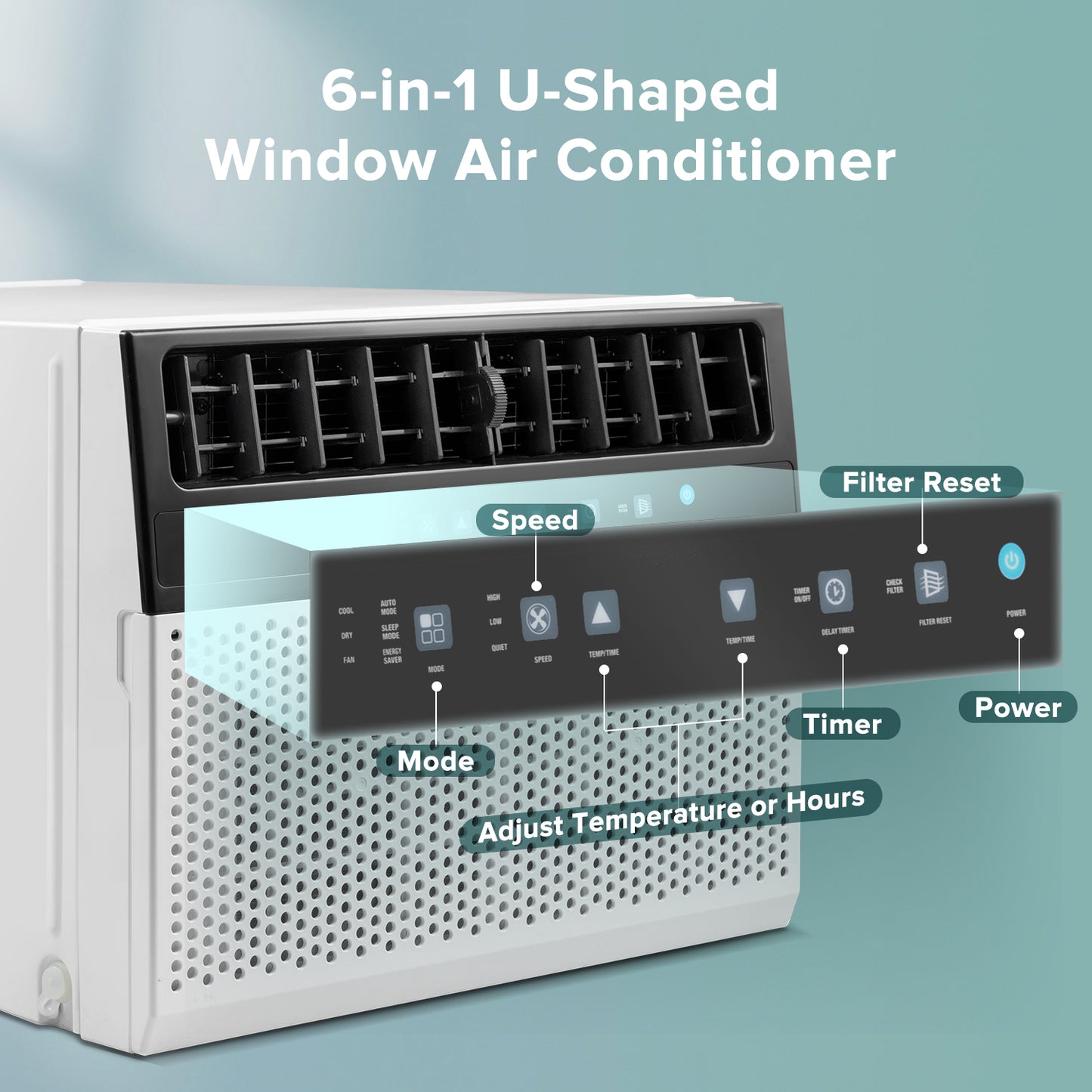 Auseo 6,300 BTU (10,000BTU ASHRAE) U-Shaped Window Air Conditioner, 450 Sq.ft., 6-in-1 Modes, 24H Timer, Energy-Saving, Low Noise, Remote Control for Rooms/Office/Apt, -White