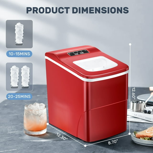 Auseo Ice Makers Countertop, Ice Machine with Handle, 26lbs/24H, 9 Cubes Ready in 6 Mins, Self-Cleaning Portable Ice Maker, for Party/Home/Office - (Red)