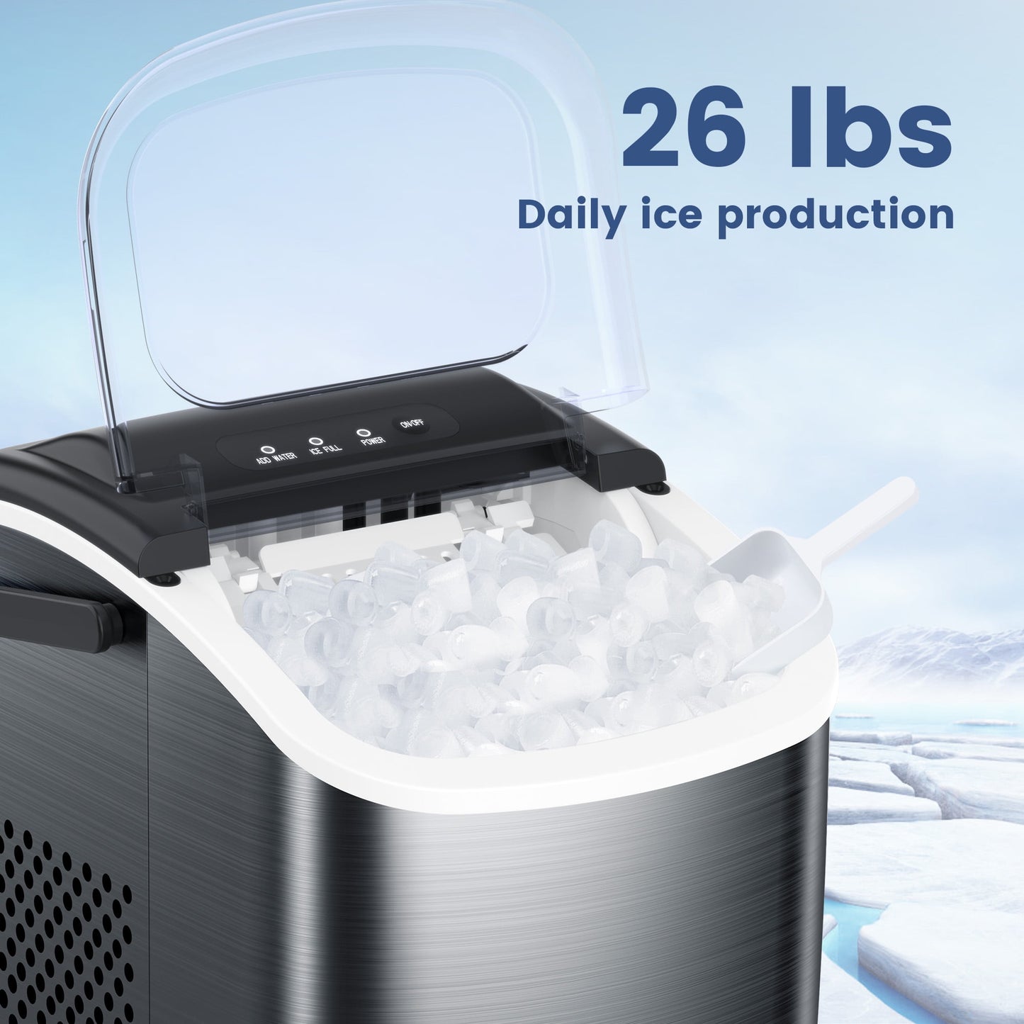 Auseo Stainless Steel Countertop Ice Maker, 9 Bullet-Shaped Ice Cubes Ready in 6 Mins, 26Lbs/24H with Scoop & Basket & Handle, Black