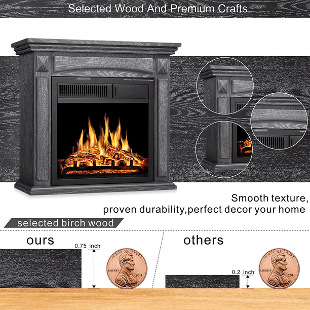 Auseo 26" Mantel Electric Fireplace Heater Small Freestanding Infrared Quartz Fireplace Stove Heater w/Log Hearth& Wood Surround Firebox, Adjustable Led Flame, Remote Control,750W-1500W, (Gray)