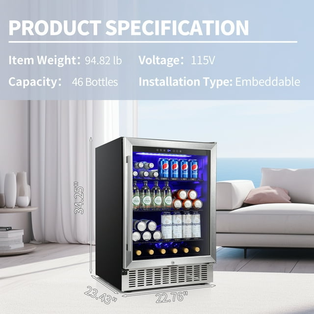 Auseo 24 inch Beverage Refrigerator, Built-in Wine Cooler, Clear Glass Door, Digital Memory Temperature Control, Beer Soda LED Light& Quiet Operation