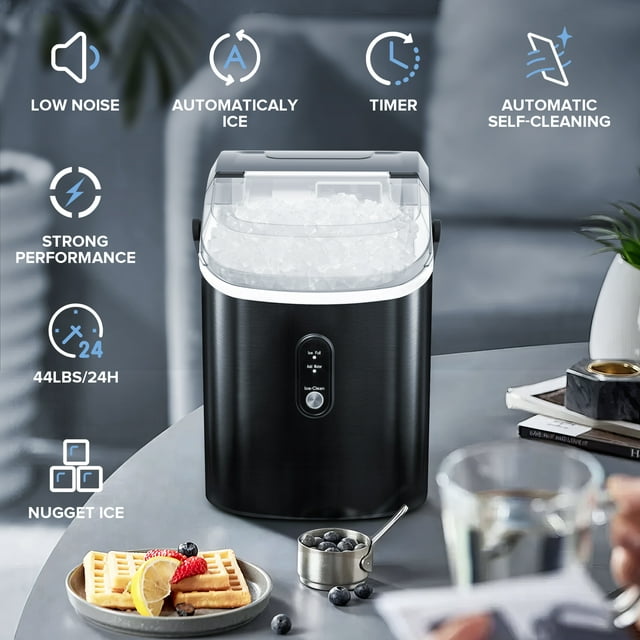 Auseo Nugget Ice Maker Countertop with Soft Chewable Pellet Ice, 33lbs/24H, Self-Cleaning Function, Stainless Steel, for Party/Kitchen/Office-Black